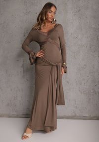 Renee - Brązowa Wiskozowa Sukienka Wieczorowa z Falbanami Koronką i Wiązanym Trenem Lenivna. Okazja: na wesele, na ślub cywilny. Kolor: brązowy. Materiał: wiskoza, koronka. Wzór: koronka. Styl: wizytowy #3