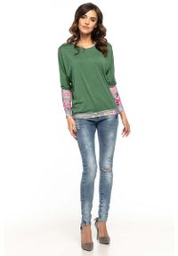 Tessita - Zielona Nietoperzowa Bluzka z Mankietami w Kwiatki. Kolor: zielony. Materiał: elastan, akryl, wiskoza. Wzór: kwiaty