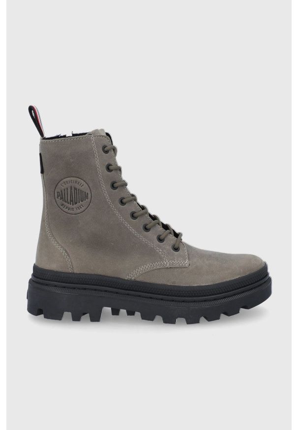 Palladium Workery skórzane damskie kolor szary na płaskim obcasie. Nosek buta: okrągły. Kolor: szary. Materiał: skóra. Obcas: na obcasie. Wysokość obcasa: niski