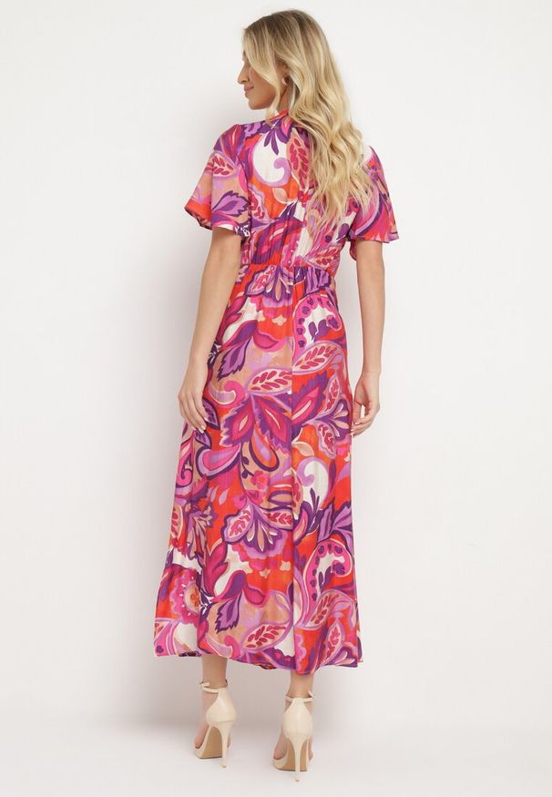 Born2be - Fioletowa Wiskozowa Sukienka z Szerokimi Rękawami i Ozdobnym Węzłem Binamla. Okazja: na co dzień. Typ kołnierza: dekolt w serek. Kolor: fioletowy. Materiał: wiskoza. Sezon: lato. Styl: casual, elegancki