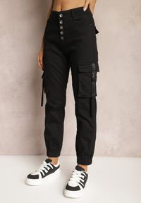 Renee - Czarne Spodnie z Bawełny Joggery High Waist Abiranca. Okazja: na co dzień. Stan: podwyższony. Kolor: czarny. Materiał: bawełna. Styl: casual #3