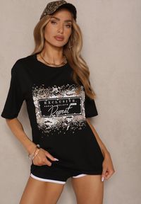 Renee - Czarny T-shirt z Bawełny Zdobiony Nadrukiem z Cyrkoniami Idelunea. Okazja: na co dzień, na imprezę. Kolor: czarny. Materiał: bawełna. Wzór: aplikacja, nadruk. Styl: klasyczny, elegancki, casual #5