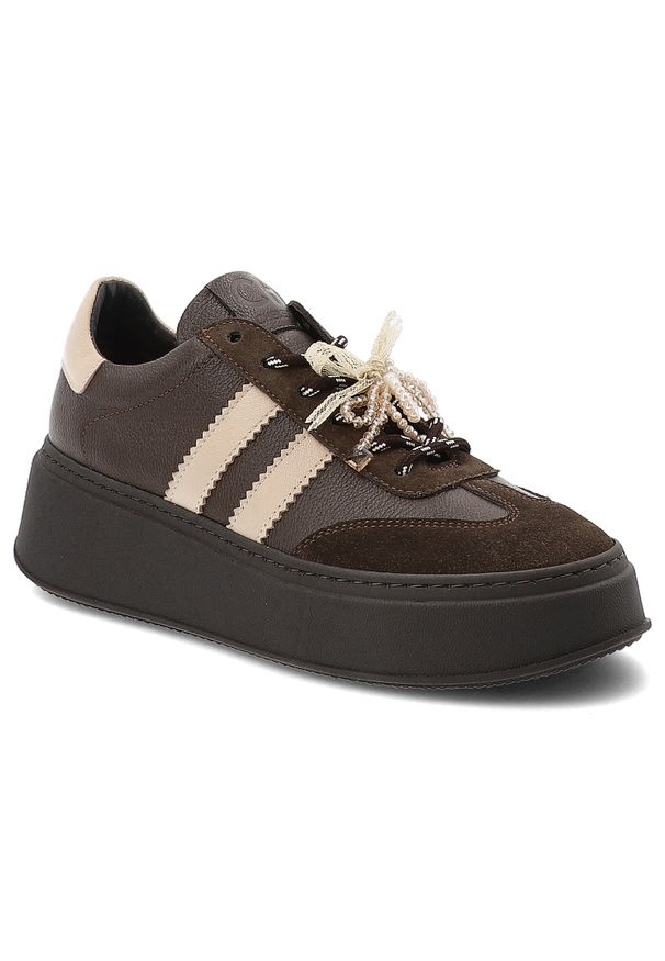 CheBello - Brązowe Sneakersy Chebello Eleganckie Obuwie Damskie. Okazja: na co dzień. Zapięcie: pasek. Kolor: brązowy. Materiał: zamsz, skóra. Wzór: paski. Obcas: na platformie. Styl: elegancki
