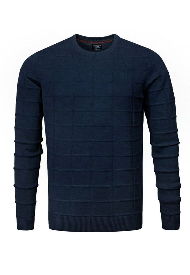 Męski Sweter Pako Jeans - Tłoczona Struktura Materiału - Granatowy. Kolor: niebieski. Materiał: akryl, bawełna. Styl: elegancki, klasyczny