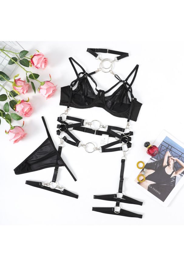 Intica - Komplet bielizny z paskami i kółkami na specjalne okazje Stephana. Kolor: czarny. Materiał: materiał