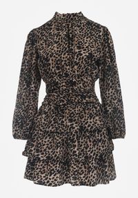 Renee - Brązowa Mini Sukienka o Rozkloszowanym Fasonie w Cętki z Falbankami Gerttera. Okazja: na co dzień. Typ kołnierza: kołnierz z falbankami. Kolor: brązowy. Długość rękawa: na ramiączkach. Styl: casual, klasyczny. Długość: mini #8