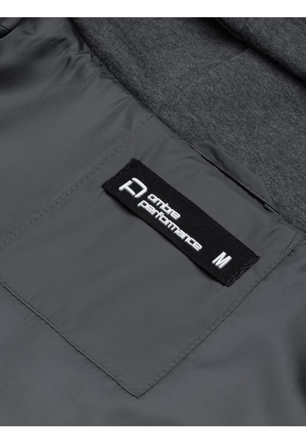 Ombre Clothing - Pikowana kurtka męska z dzianinowymi rękawami i kapturem – ciemnoszara V3 C601 - L. Typ kołnierza: kołnierzyk stójkowy. Kolor: szary. Materiał: dzianina. Wzór: gładki. Styl: sportowy, elegancki
