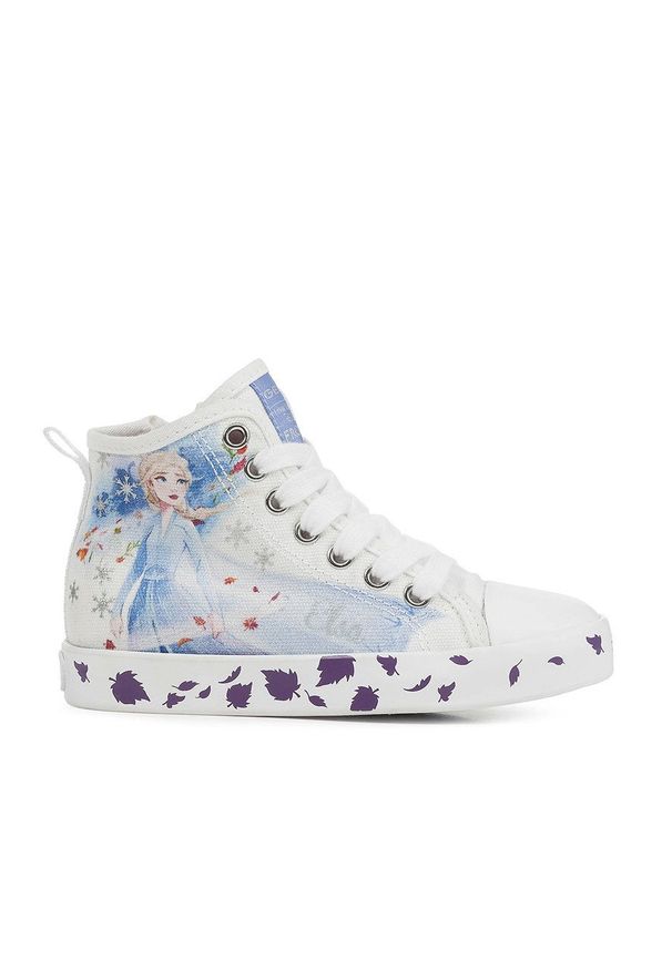Geox - Trampki dziecięce x Disney. Nosek buta: okrągły. Zapięcie: sznurówki. Kolor: biały. Materiał: skóra, guma. Wzór: motyw z bajki