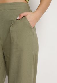 Born2be - Zielone Szerokie Spodnie z Gumką w Talii z Lnem Araniells. Kolor: zielony. Materiał: len. Sezon: lato #6