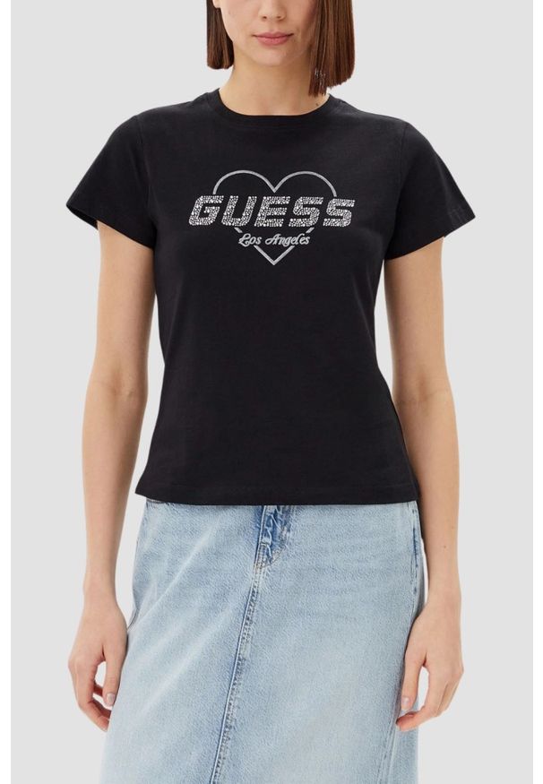 Guess - GUESS Czarny damski t-shirt Narciso. Kolor: czarny