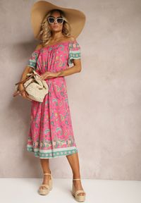 Renee - Różowa Pudełkowa Sukienka z Bawełny we Wzór Paisley z Hiszpańskim Dekoltem Veranica. Kolor: różowy. Materiał: bawełna. Wzór: paisley. Sezon: lato #3