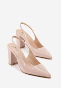 Renee - Beżowe Sandały Lakierowane na Słupku Slingback Halasela. Okazja: na co dzień, na imprezę. Kolor: beżowy. Materiał: lakier. Obcas: na słupku. Styl: wizytowy, elegancki, casual