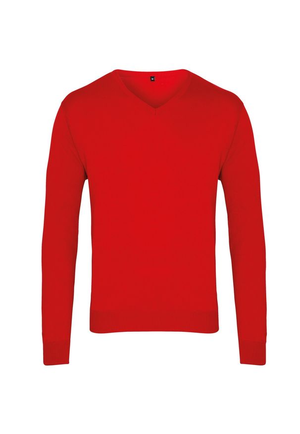 PREMIER - Męski Dziergany Sweter W Serek Vneck. Typ kołnierza: dekolt w serek. Kolor: czerwony. Materiał: dziergany