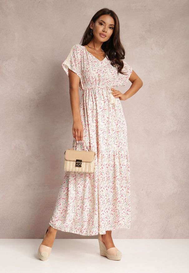 Renee - Biała Sukienka Armolda. Kolor: biały. Materiał: koronka, tkanina. Długość rękawa: krótki rękaw. Wzór: aplikacja, kwiaty. Długość: maxi