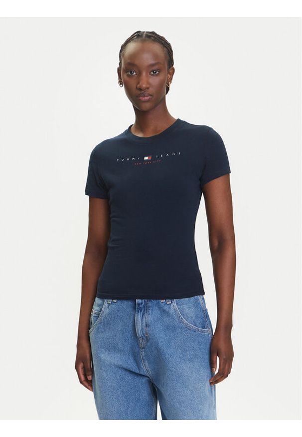 Tommy Jeans T-Shirt Linear DW0DW21422 Granatowy Slim Fit. Kolor: niebieski. Materiał: bawełna