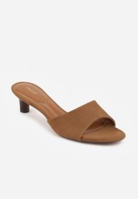 Renee - Ciemnobeżowe Klapki VICES na Obcasie Typu Kaczuszka z Imitacji Drewna Sacredgem. Okazja: do pracy. Kolor: beżowy. Materiał: jeans. Obcas: na obcasie. Wysokość obcasa: średni #4