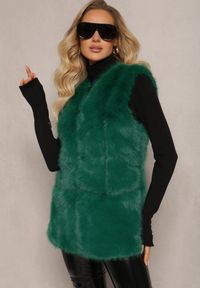 Renee - Zielona Puchata Kamizelka z Futerka Ozdobiona Imitacją Skóry Tekllesa. Kolor: zielony. Materiał: futro, skóra. Wzór: aplikacja #4