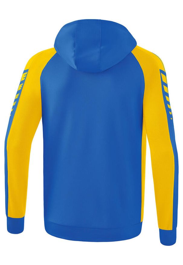 ERIMA - Kurtka z kapturem dla dzieci do treningu Erima Six Wings. Typ kołnierza: kaptur. Kolor: wielokolorowy, niebieski, żółty. Sport: fitness