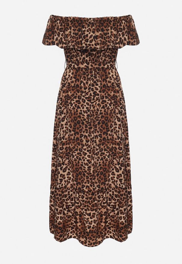 Born2be - Brązowa Sukienka Hiszpanka w Panterkę o Rozkloszowanym Kroju z Gumką w Talii Giterta. Okazja: na co dzień. Typ kołnierza: dekolt hiszpanka. Kolor: brązowy. Wzór: motyw zwierzęcy. Typ sukienki: rozkloszowane. Styl: elegancki, casual