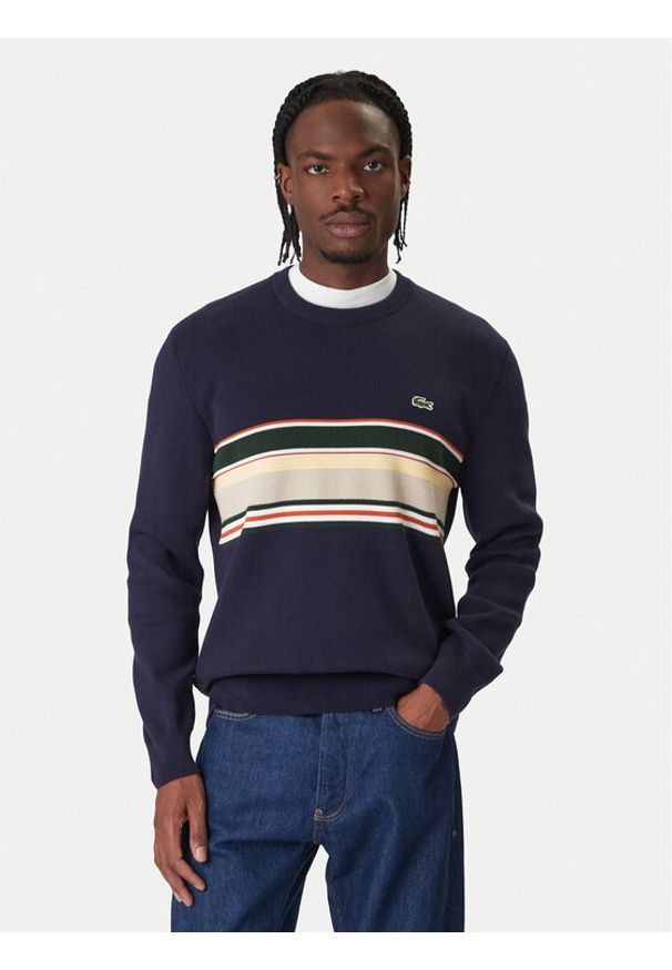 Lacoste Sweter AH5944 Granatowy Regular Fit. Kolor: niebieski. Materiał: bawełna