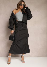 Renee - Czarna Marszczona Spódnica Midi w Stylu Cargo z Gumką w Talii Gacieam. Kolor: czarny. Materiał: tkanina #4