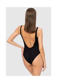 MOSCHINO Czarny jednoczęściowy strój kąpielowy ze złotym logo, Rozmiar XS. Kolor: czarny. Wzór: nadruk #2