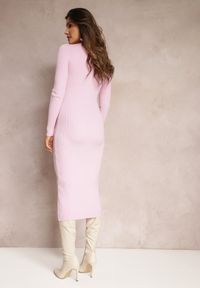 Renee - Różowa Dopasowana Sukienka Midi z Prążkowanego Materiału Ozdobiona Kołnierzykiem Ejanla. Kolor: różowy. Materiał: materiał, prążkowany. Wzór: aplikacja. Styl: klasyczny. Długość: midi #5