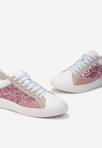 Born2be - Biało-Różowe Kolorowe Sneakersy z Brokatową Wstawką i Sznurowaniem Livora. Kolor: biały. Szerokość cholewki: normalna. Wzór: kolorowy. Obcas: na płaskiej podeszwie
