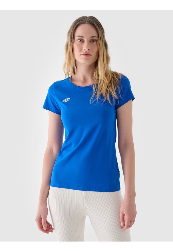 4f - 4F T-shirt slim gładki damski - niebieski S. Okazja: na co dzień. Kolor: niebieski. Materiał: dzianina, jersey, bawełna. Długość rękawa: krótki rękaw. Długość: krótkie. Wzór: gładki. Styl: sportowy, klasyczny, casual
