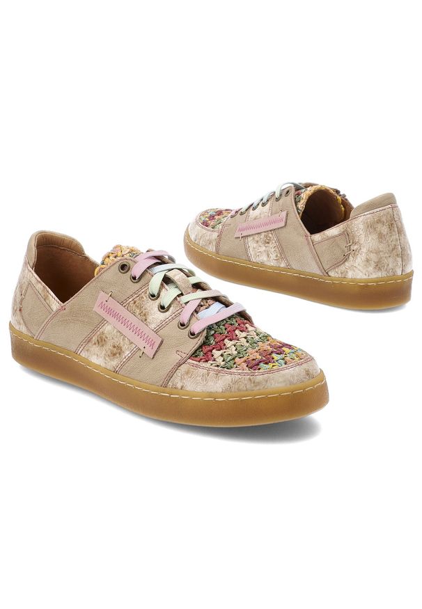 Beżowe Sneakersy Maciejka Stylowe Obuwie Damskie Z Kolorowymi Sznurówkami. Okazja: na co dzień, na spacer. Kolor: beżowy. Materiał: skóra. Szerokość cholewki: normalna. Wzór: kolorowy. Sport: turystyka piesza