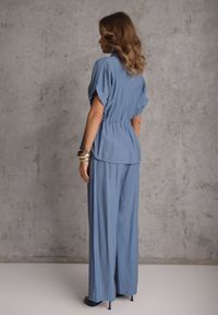 Renee - Niebieski Komplet z Wiskozy Spodnie Wide Leg i Bluzka ze Ściągaczem w Talii Daemnell. Kolor: niebieski. Materiał: wiskoza #8