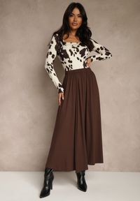 Renee - Brązowa Rozkloszowana Spódnica z Bawełny Tussala. Kolor: brązowy. Materiał: bawełna. Styl: elegancki #1