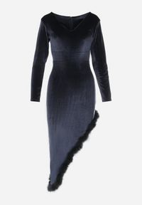 Born2be - Granatowa Asymetryczna Sukienka Welurowa z Piórkami Ganzoria. Kolor: niebieski. Materiał: welur. Wzór: aplikacja. Typ sukienki: asymetryczne. Długość: midi