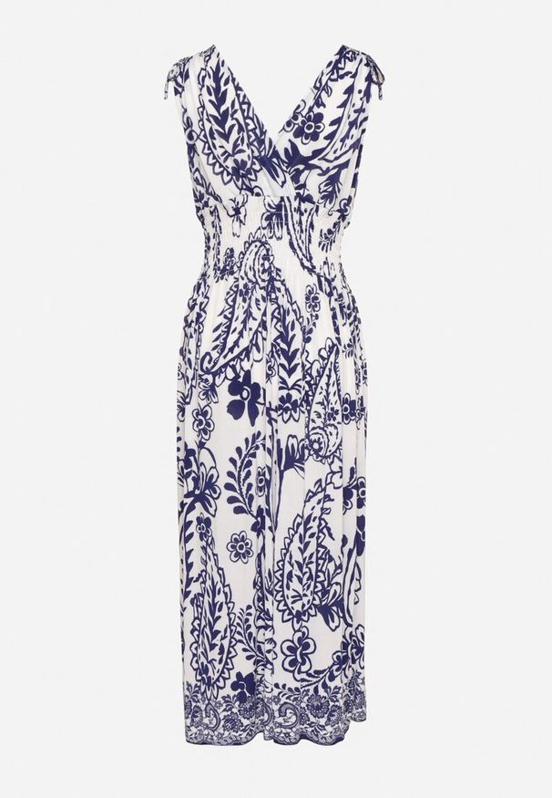 Born2be - Niebieska Sukienka z Roślinnym Wzorem i Kopertowym Dekoltem z Gumką w Talii Orrune. Okazja: na co dzień, do pracy, na spotkanie biznesowe. Typ kołnierza: dekolt kopertowy. Kolor: niebieski. Materiał: jeans. Sezon: lato. Typ sukienki: kopertowe. Styl: biznesowy, klasyczny, casual