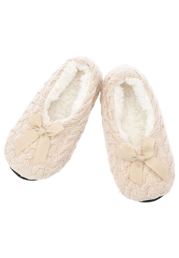 Beżowe Ciepłe Bambosze Damskie Moraj. Okazja: do domu. Kolor: beżowy. Materiał: dzianina, futro. Wzór: ze splotem. Styl: elegancki