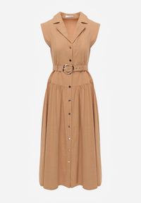 Renee - Beżowa Bawełniano-Wiskozowa Sukienka Koszulowa Bez Rękawów z Paskiem Athithoe. Okazja: na co dzień. Kolor: beżowy. Materiał: wiskoza, bawełna. Długość rękawa: bez rękawów. Typ sukienki: koszulowe. Styl: casual, elegancki #4