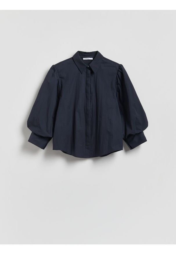 Reserved - Koszula z bufiastymi rękawami - granatowy. Kolor: niebieski. Materiał: tkanina, bawełna