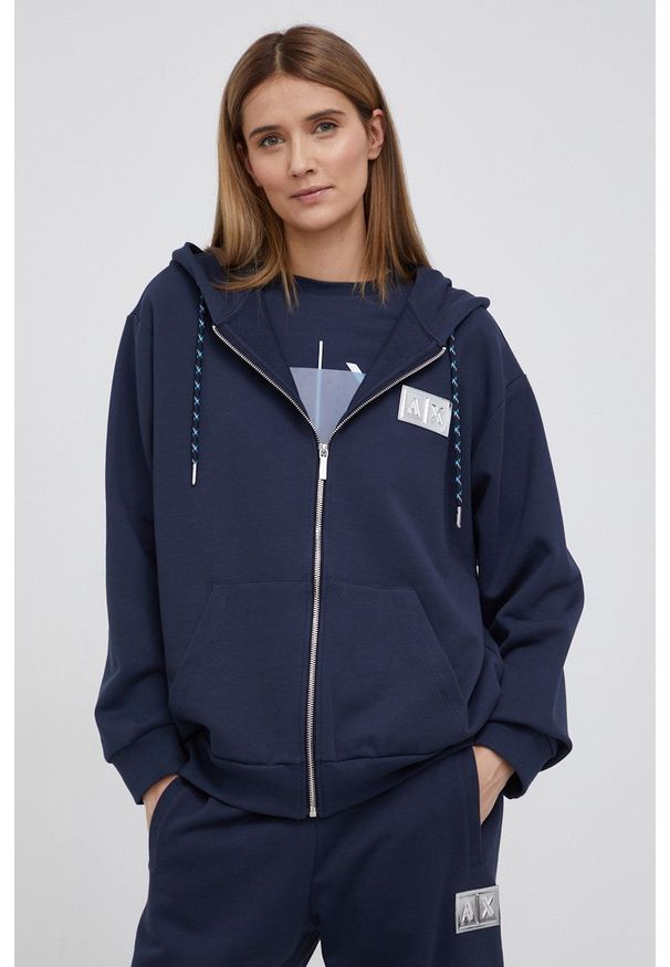 Armani Exchange Bluza bawełniana 3LYM55.YJ6UZ damska kolor granatowy z kapturem z aplikacją. Okazja: na co dzień. Typ kołnierza: kaptur. Kolor: niebieski. Materiał: bawełna. Wzór: aplikacja. Styl: casual