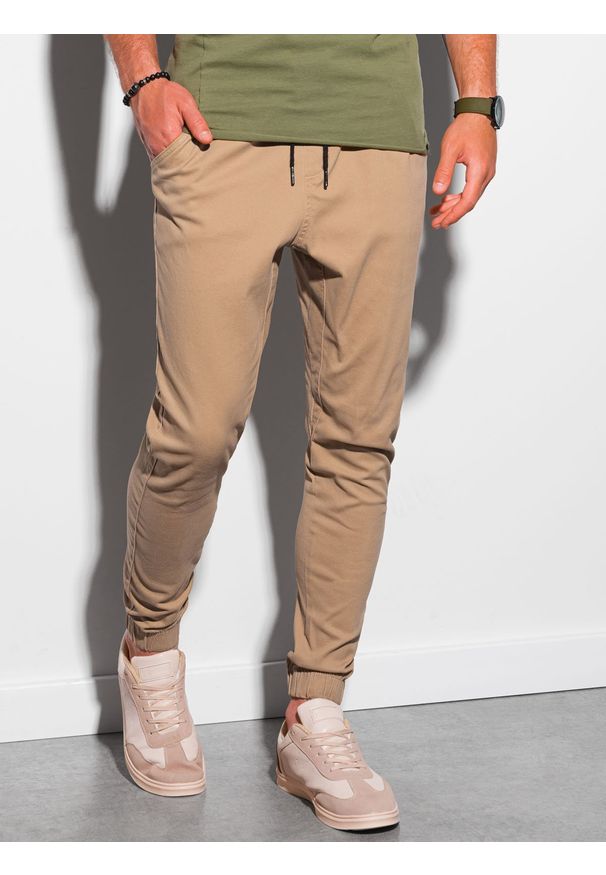 Ombre Clothing - Spodnie męskie joggery P885 - camel - XXL. Materiał: bawełna, elastan. Styl: klasyczny