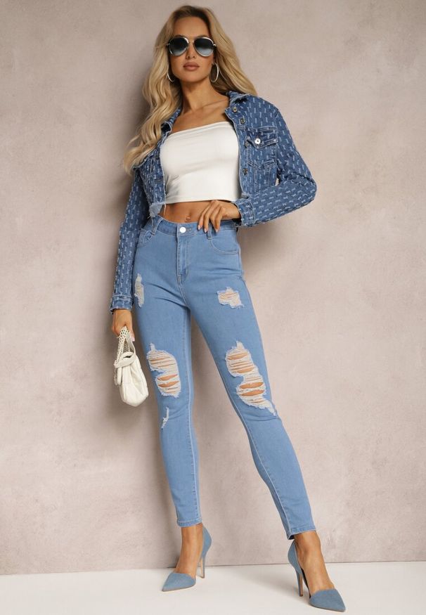 Renee - Niebieskie Jeansy Skinny Push-Up z Przetarciami z Przodu i Suwakiem Randda. Okazja: na co dzień. Kolor: niebieski. Wzór: aplikacja, kolorowy. Styl: casual, elegancki, klasyczny
