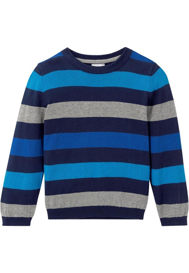bonprix - Sweter z cienkiej bawełnianej dzianiny. Kolor: niebieski. Materiał: bawełna, dzianina. Wzór: gładki, ze splotem, paski, kolorowy