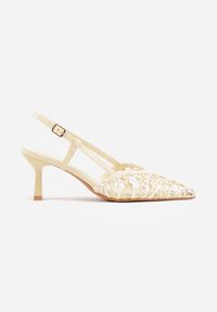 Renee - Żółte Czółenka na Szpilce z Ażurową Szydełkową Cholewką Navioil. Zapięcie: pasek. Kolor: żółty. Materiał: satyna, len. Szerokość cholewki: normalna. Wzór: ażurowy. Obcas: na szpilce. Wysokość obcasa: średni #8