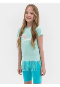 4f - T-shirt z nadrukiem i frędzlami dziewczęcy. Kolor: turkusowy. Materiał: bawełna, dzianina. Wzór: nadruk