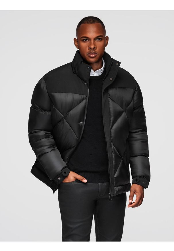 Ombre Clothing - Kurtka męska z kapturem z geometrycznym pikowaniem karo – czarna V1 - Rozmiar: XL. Typ kołnierza: dekolt w karo, kaptur. Kolor: czarny. Materiał: tkanina, poliester, materiał. Wzór: geometria. Sezon: zima. Styl: klasyczny