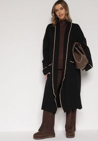 Born2be - Czarny Długi Niezapinany Kardigan Ozdobiony Lamówką Veritusa. Okazja: na co dzień. Kolor: czarny. Materiał: jeans. Długość: długie. Wzór: aplikacja. Styl: klasyczny, casual #1