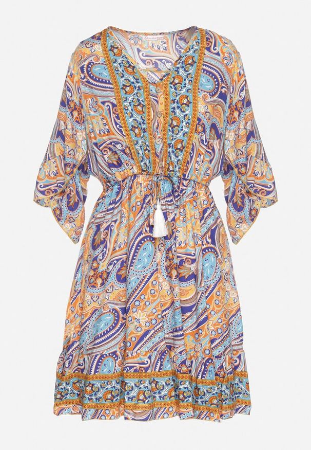 Born2be - Jasnoniebieska Sukienka z Bawełny z Frędzlami i Wzorem Boho Cleamora. Okazja: na co dzień. Typ kołnierza: dekolt w serek. Kolor: niebieski. Materiał: bawełna. Styl: boho