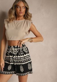 Renee - Czarne Wiskozowe Szorty High Waist ze Wzorem Boho Lunadora. Okazja: na co dzień. Stan: podwyższony. Kolor: czarny. Materiał: wiskoza. Sezon: lato. Styl: boho