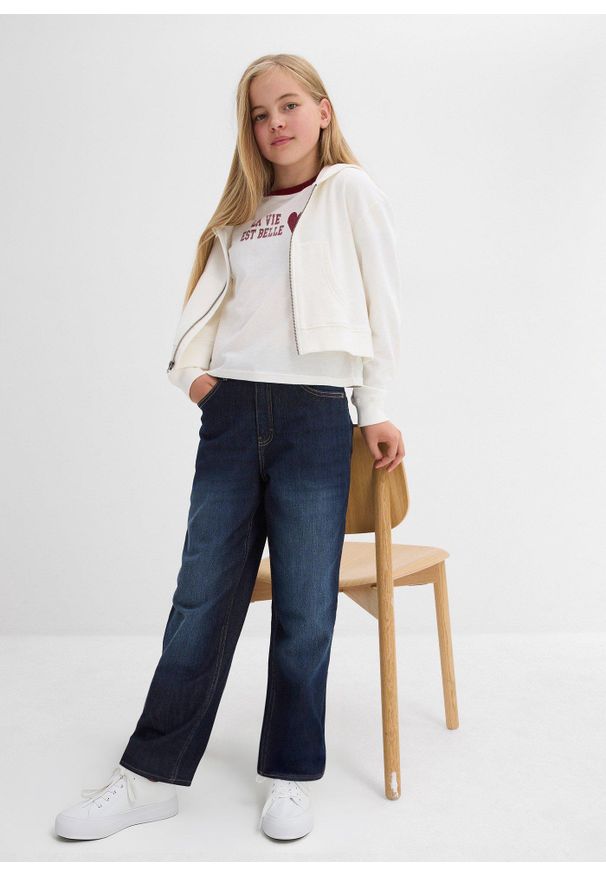 bonprix - Dżinsy ocieplane, wide leg, z dżersejową podszewką, mid waist. Kolor: niebieski