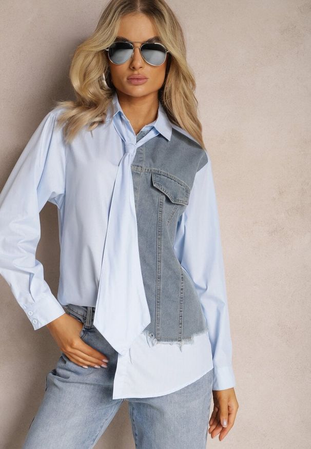 Renee - Niebieska Koszula z Jeansową Wstawką z Przodu i Krawatem w Komplecie Mirelles. Kolor: niebieski. Materiał: jeans