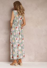 Renee - Jasnozielona Sukienka Maxi w Kwiaty z Gumką w Talii Kaleita. Kolor: zielony. Materiał: bawełna, tkanina. Długość rękawa: bez rękawów. Wzór: kwiaty. Sezon: lato. Długość: maxi #5